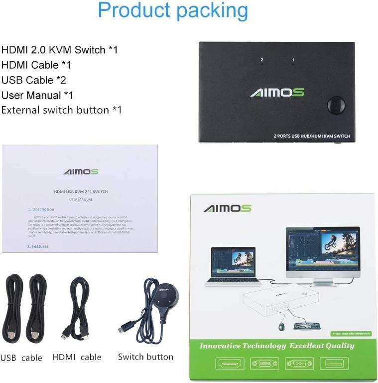AIMOS KVM Switch, USB Switch 4K HDMI Switcher Box 2 In 1 Out For 2