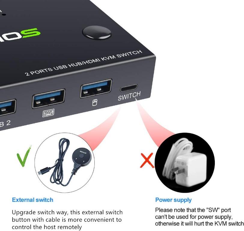 AIMOS KVM Switch, USB Switch 4K HDMI Switcher Box 2 In 1 Out For 2