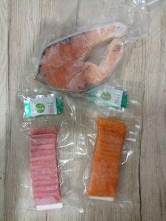 Bluefin tuna sashimi, salmon sashimi and steak