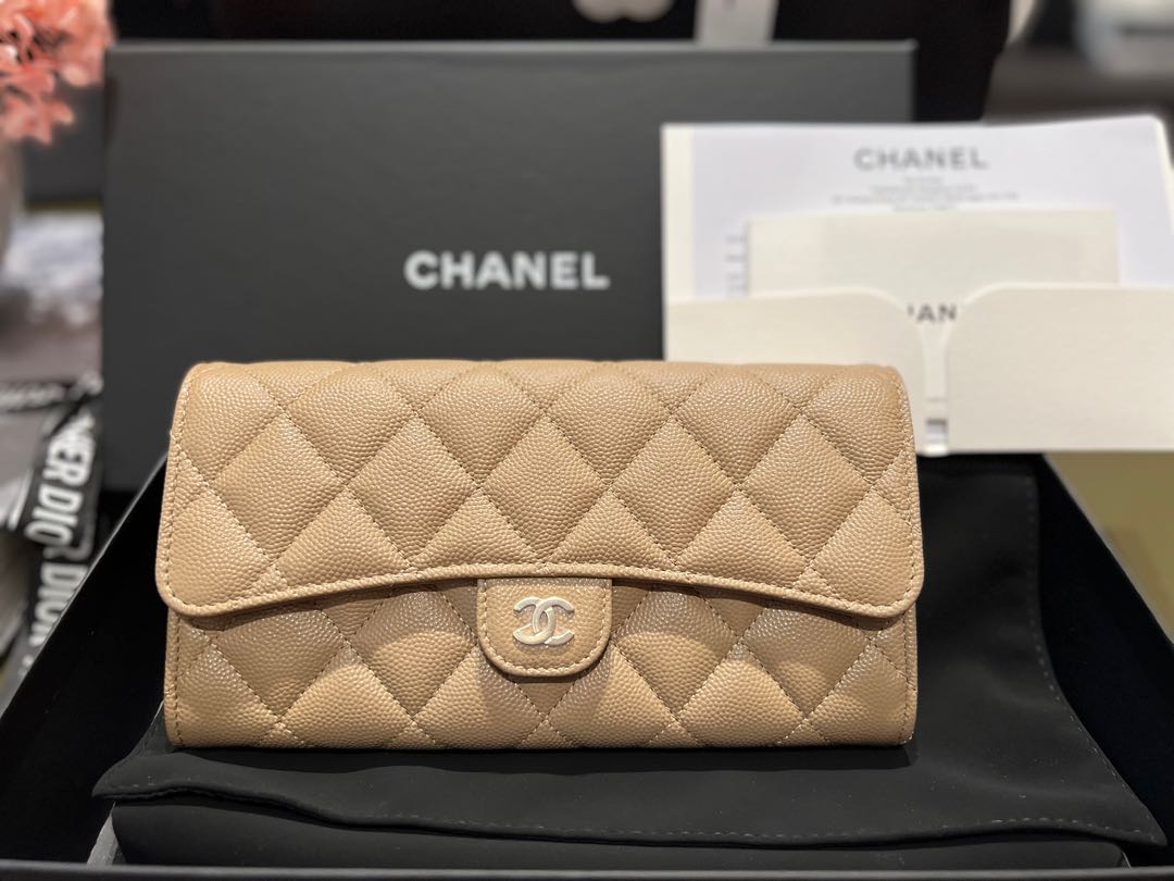 BNIB Chanel 22A Classic Long Flap Wallet in Caviar Leather - Dark Beige ...