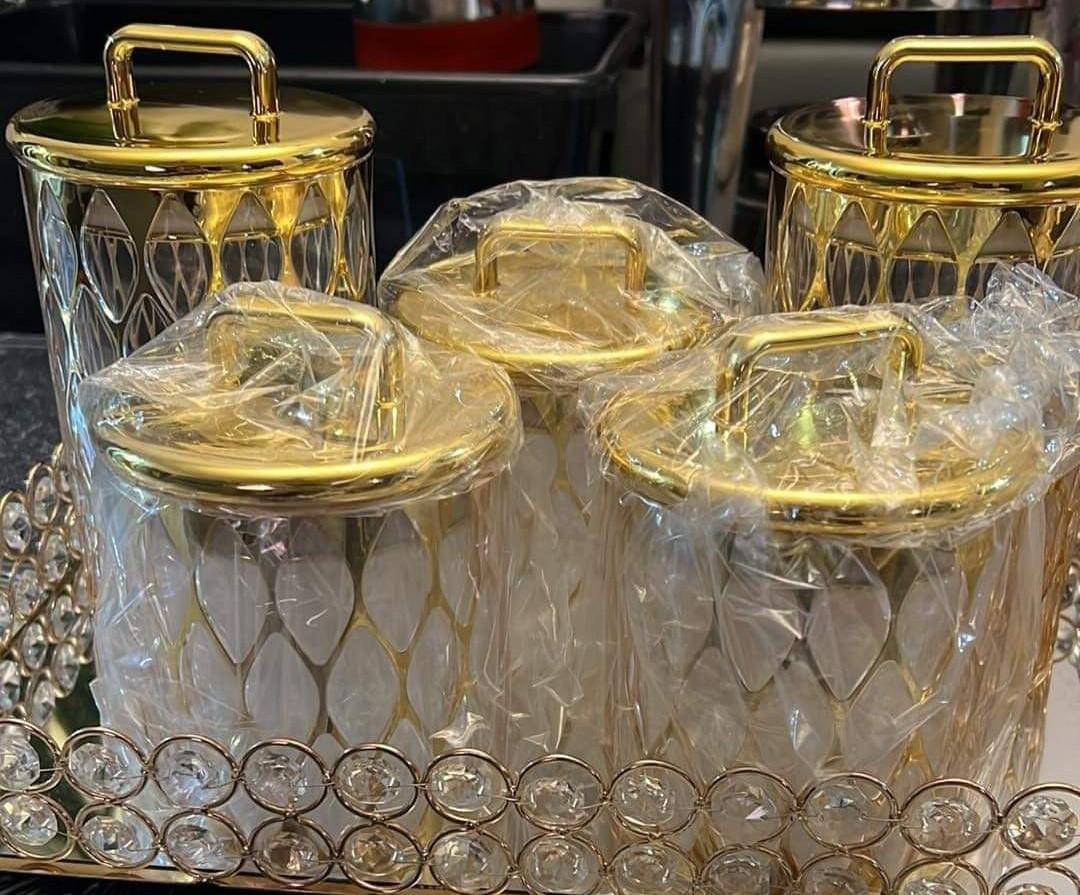 Brand new Gold cookie jar canister set of 5, Furniture & Home Living