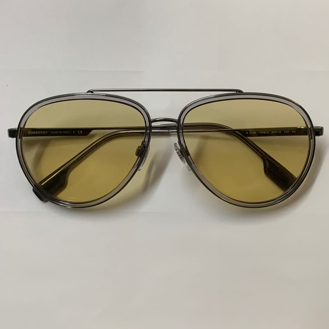 Burberry Sunglass Yellow Tint Aviator, Men's Fashion, Watches