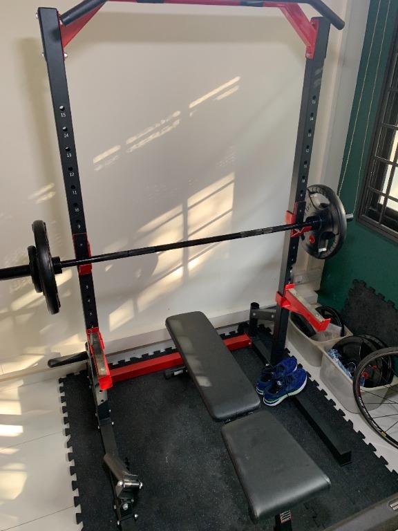 Full home gym set up Bench press, squat rack, T bar, pull up bar // w