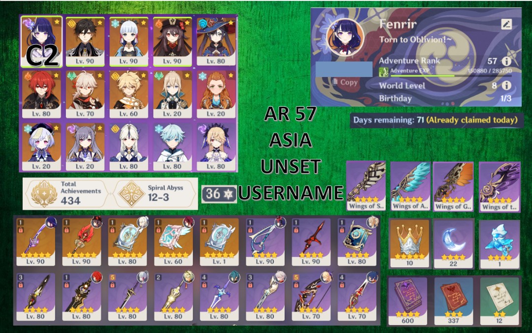 Compte Genshin Impact EU AR57 - 9 Persos 5* (16 Avec Constellations) Hu Tao C2, Raiden C2, Itto