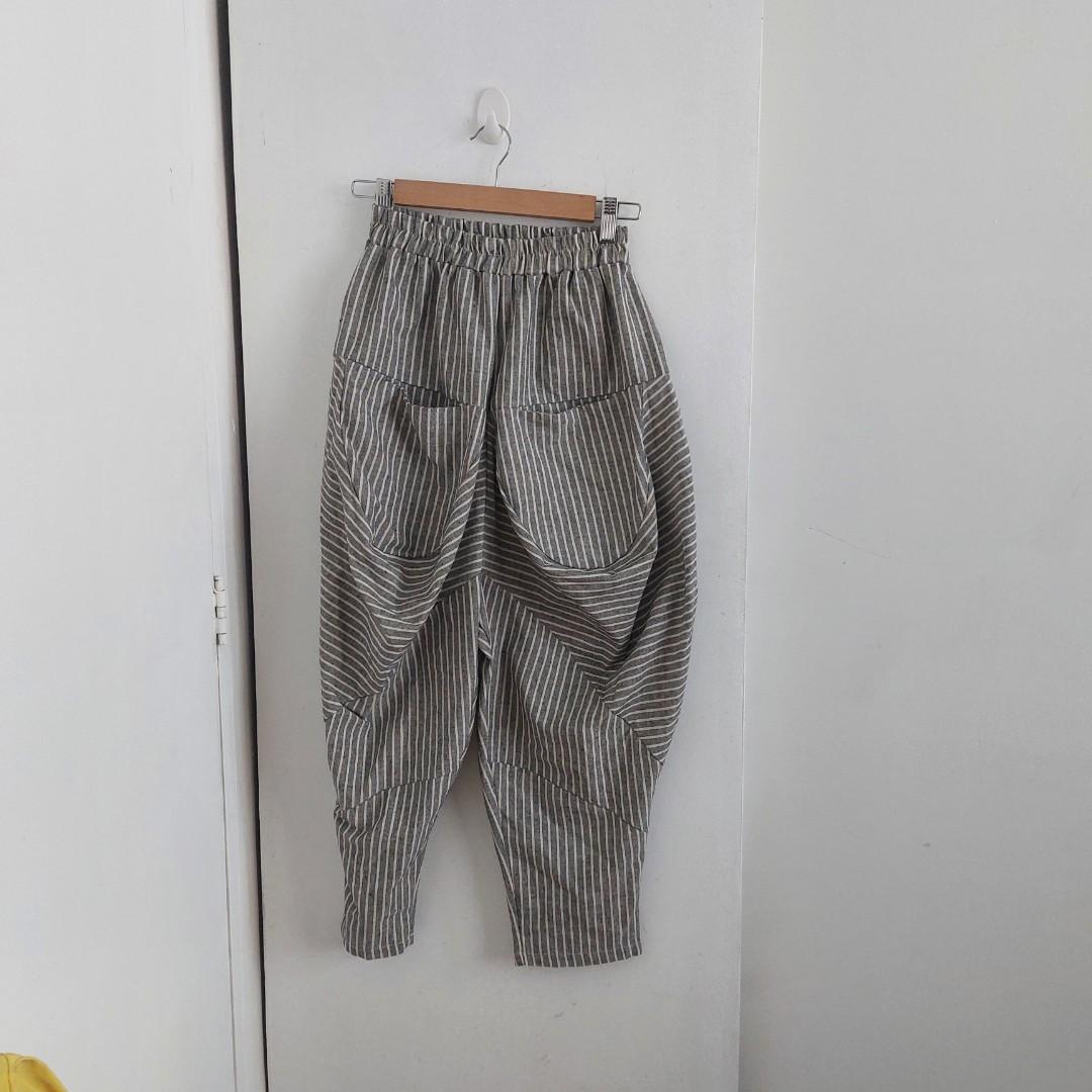 Grey and white stripe linen harem pants (Category: Other Bottoms) located in Angeles City. Submitted by greensstuff (Listing ID 1173491377, Image 1). Description: very unique 👌 dm for more info and sizing.