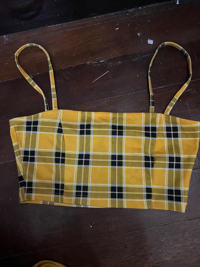 H&M Yellow Plaid Crop Top, Women's Fashion, Tops, Sleeveless on Carousell