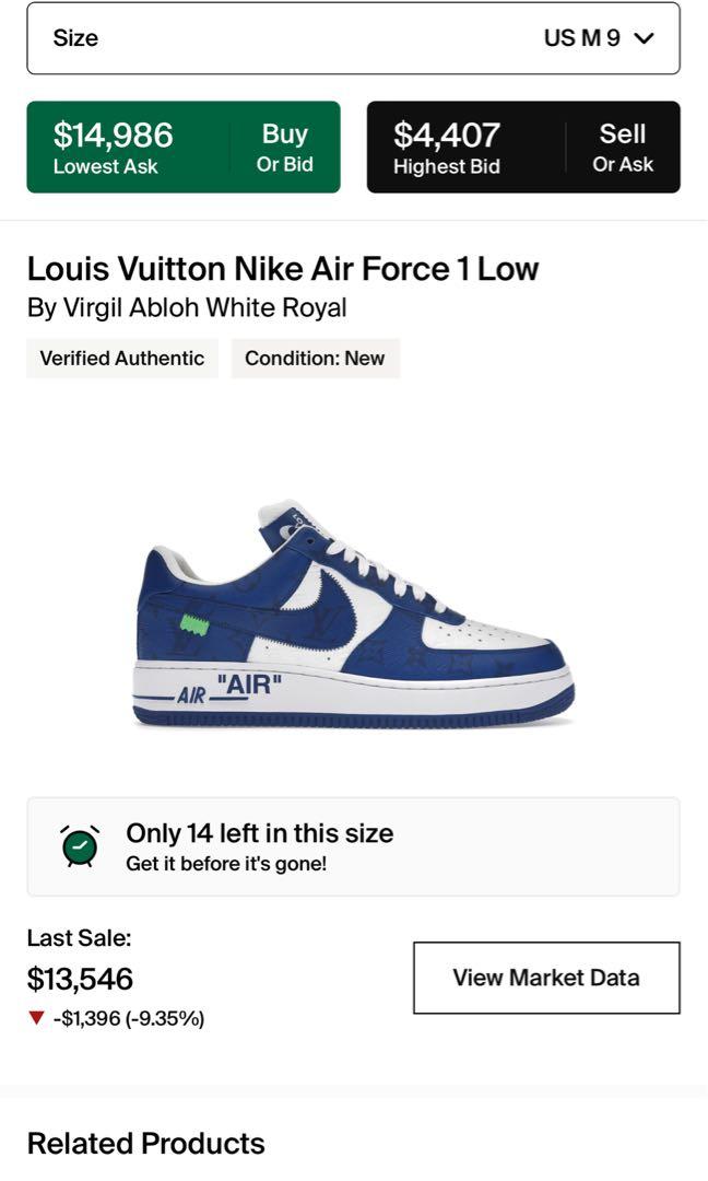 Auth NEW Louis Vuitton Nike AirForce 1 Low Virgil Abloh White/Blue Sneakers  US 7