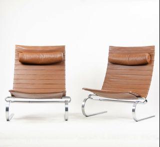 Pair Fritz Hansen Poul Kjaerholm PK20 Leather Lounge Chairs Knoll Herman Miller