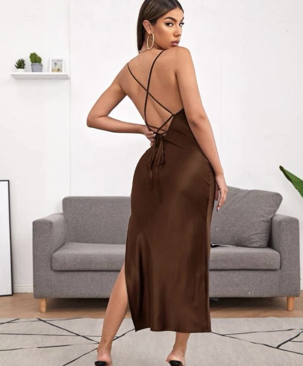 Shein dress brown silk satin slit 