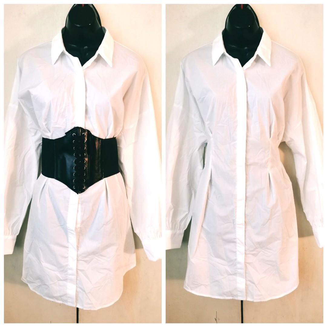 White polo dress with corset belt, Women's Fashion, Dresses & Sets, Dresses  on Carousell