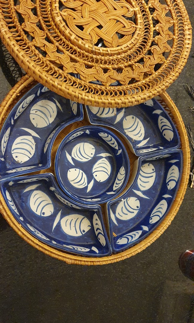Tapas snack plates bowls in rattan basket, Furniture & Home Living