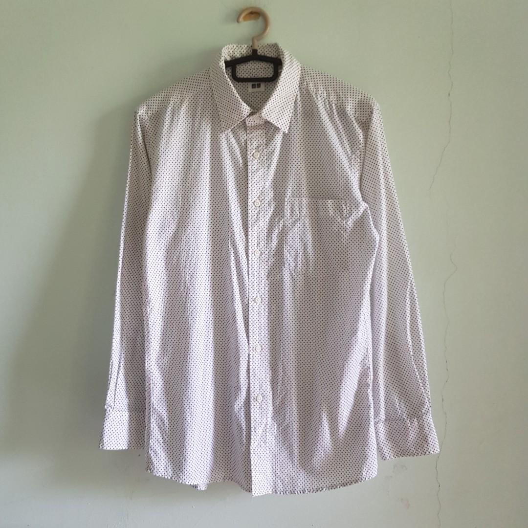 UNIQLO formal kemeja white Long Sleeve collared Shirt button up polka ...