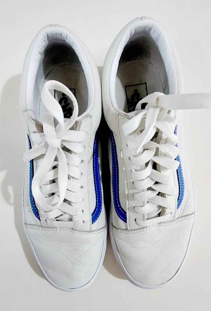 White old skool sales vans with blue stripe