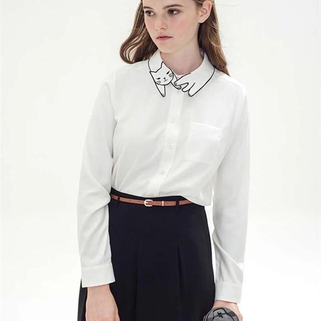 White buttondown shirt with cat collar Women s Fashion Tops