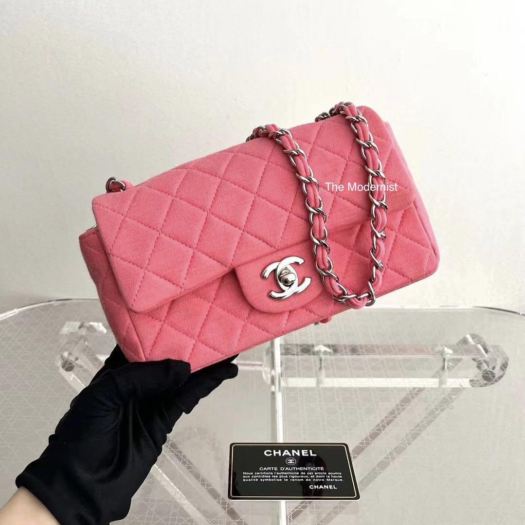 Authentic Chanel Pink Fabric Mini Flap Bag Silver Hardware