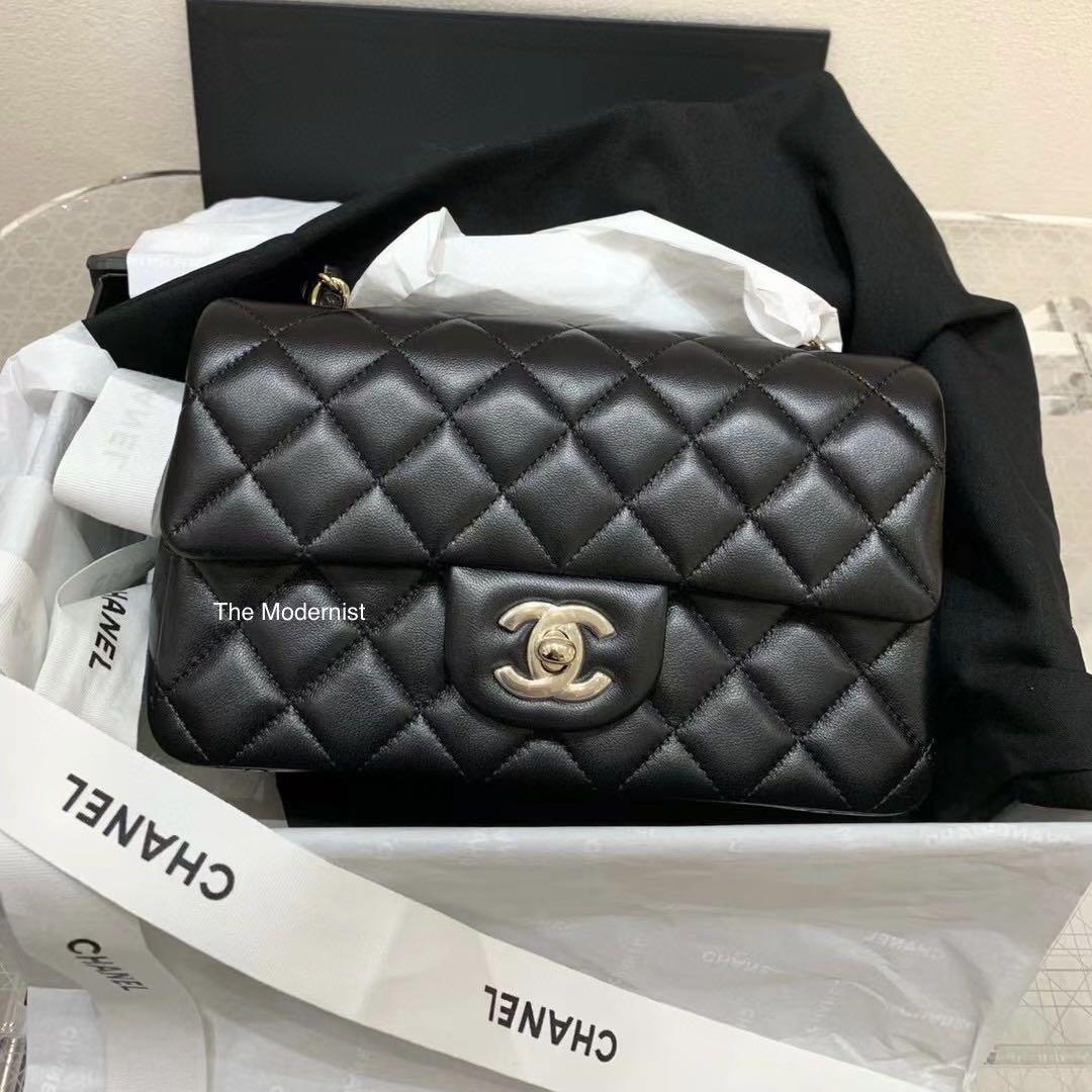 Authentic Chanel Rectangular Mini Flap Bag Black Quilted Lambskin Light  Gold Hardware, Luxury, Bags & Wallets on Carousell