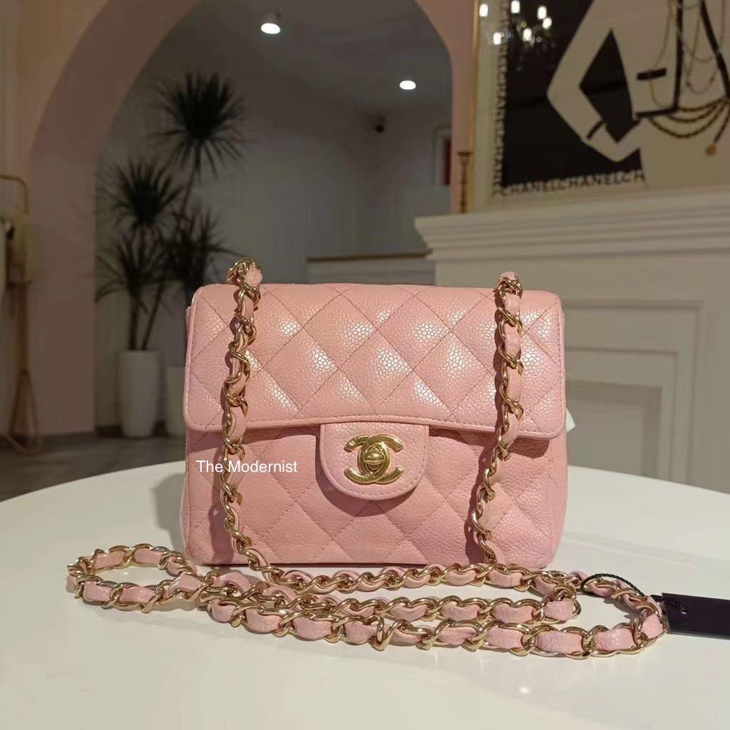 Authentic Vintage Chanel Sakura Pink Caviar Grained Calfskin Square Mini  Flap Bag 24K Gold Hardware