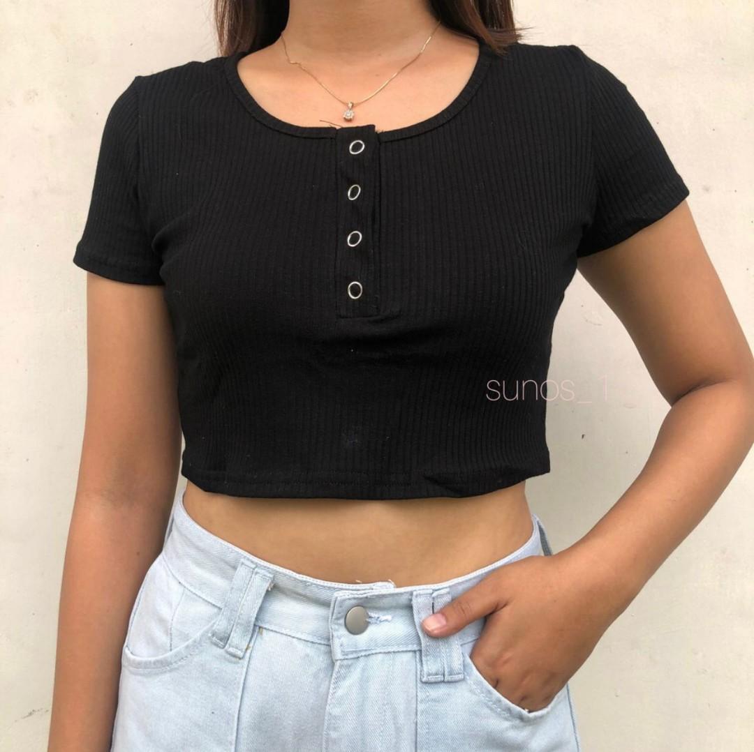 Button up crop top, Fesyen Wanita 