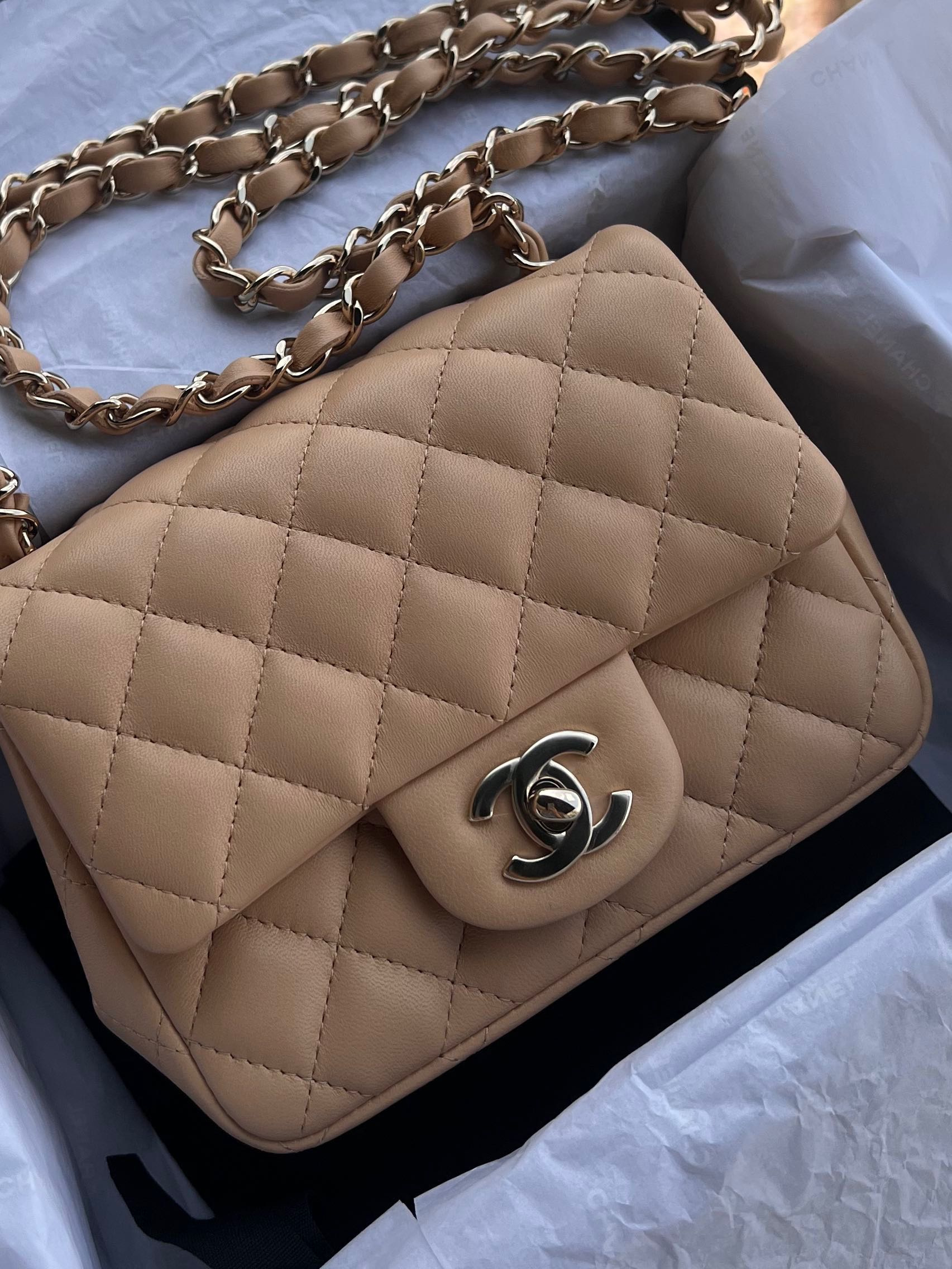 Chanel mini square beige with ghw Luxury Bags Wallets on Carousell