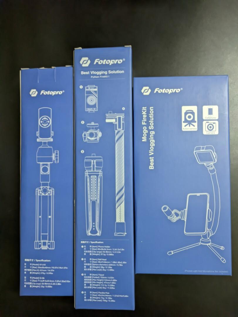 Fotopro mini tripod/vlogging kits (Category: Tripods & Monopods) located in Singapore. Submitted by mcrksman (Listing ID 1170179567, Image 1). Description: Brand new fotopro vlogging kits SY-610 -$16 Python Firekit 1 - $30 Mogo firekit - $20 Take all for $60.