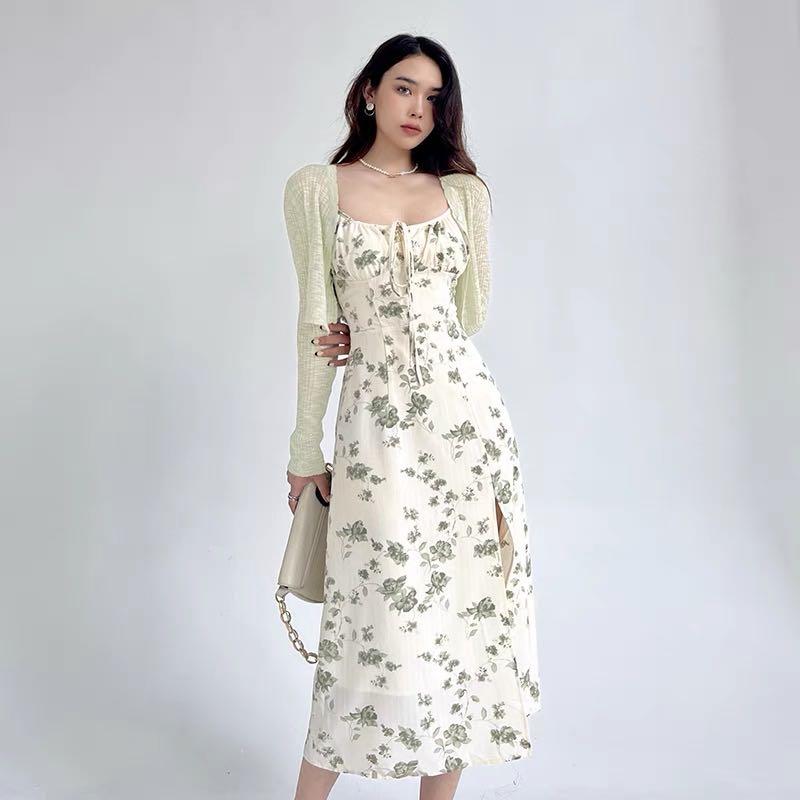 FLORAL THIGH SLIT MIDI DRESS IN GREEN