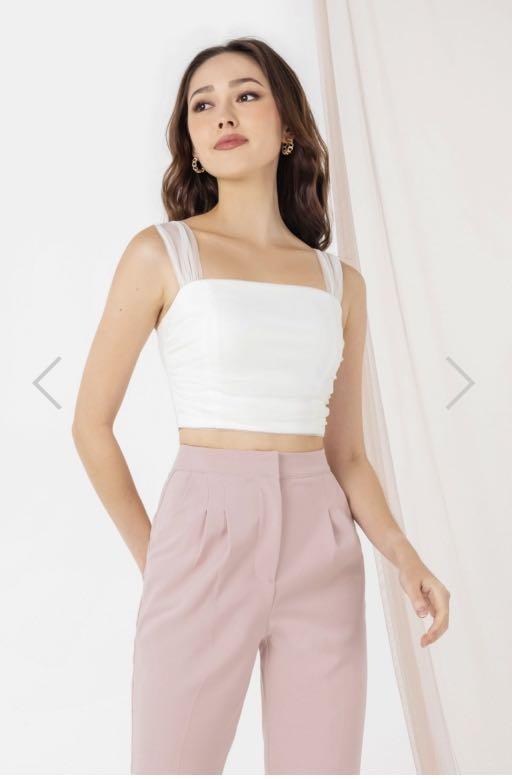 HAYLEY MESH OVERLAY CROP TOP White Women s Fashion Tops