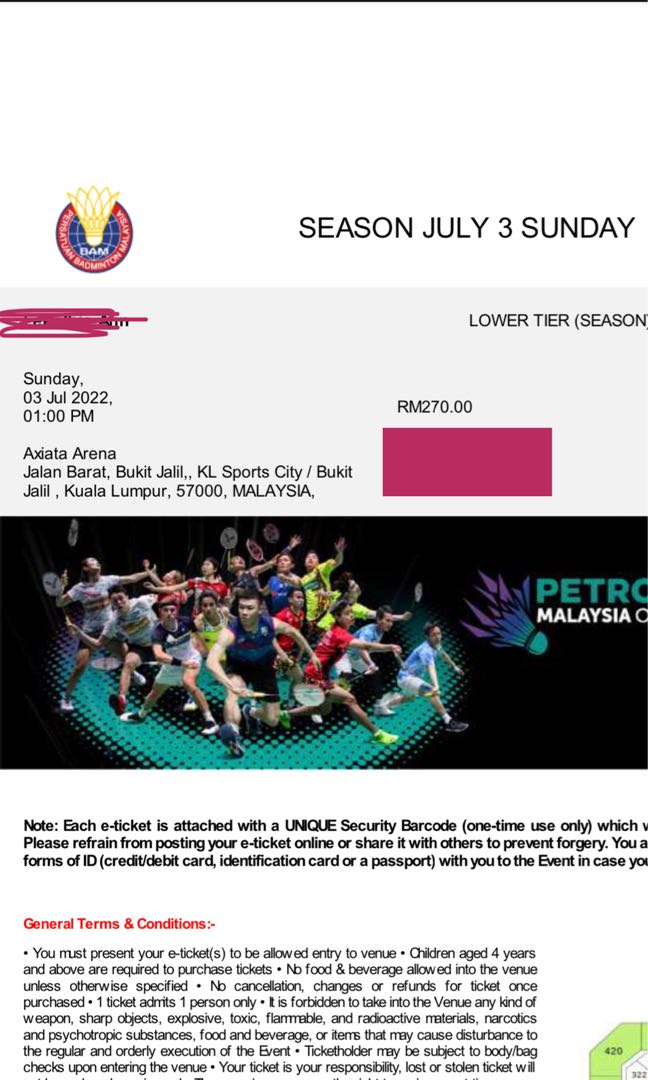 Petronas Malaysia Open Final, Tickets & Vouchers, Event Tickets on