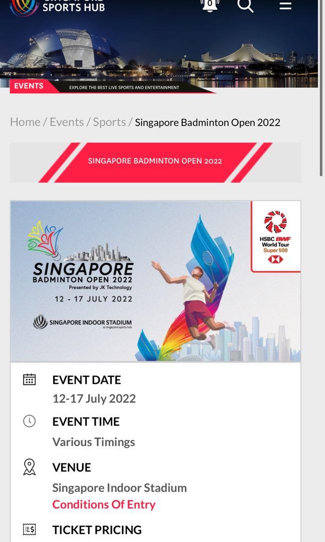 Singapore Badminton Open 2022 Season tickets, Tickets & Vouchers, Event