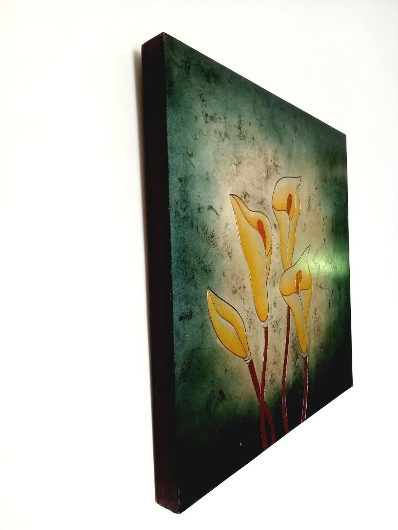 Vintage wall art, calla lilies design, etched wood with metallic paint