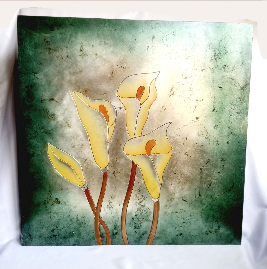 Vintage wall art, calla lilies design, etched wood with metallic paint
