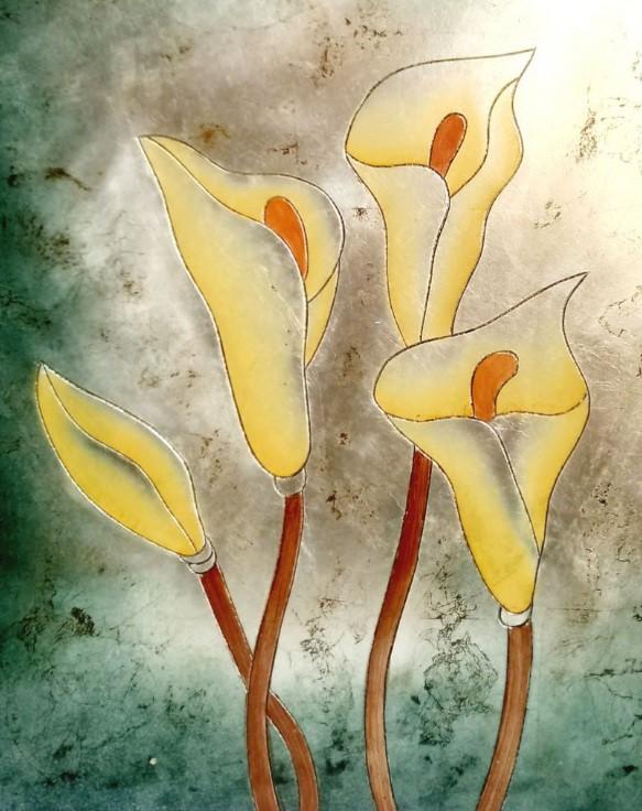 Vintage wall art, calla lilies design, etched wood with metallic paint