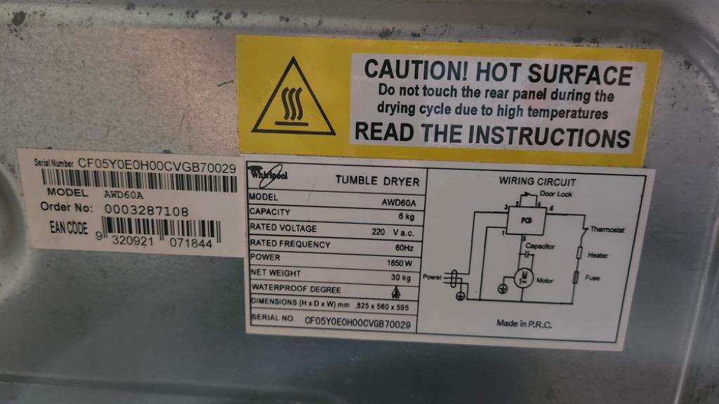 Whirlpool Tumble Dryer (FrontLoad) AWD60A 6kg, TV & Home Appliances