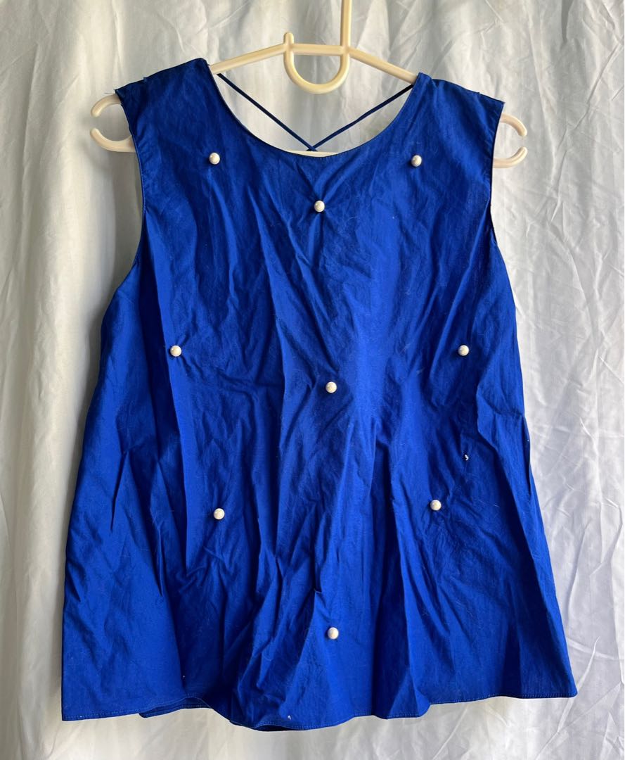 Zara Blue Top with Pearls, Women's Fashion, Tops, Sleeveless on Carousell