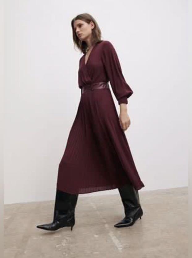 ZARA Pleated Burgundy Pleated Midi Dress