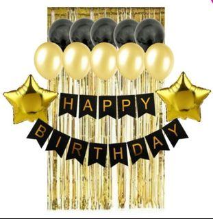 Black Gold Party Decor Happy Birthday Banner Star Foil Balloons Foil Curtains On Hand