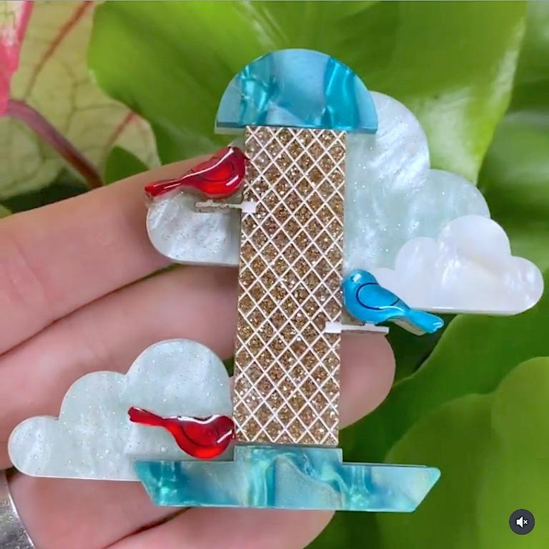 BNIB PolyPaige Brooches Bird Feeder Monstera Chocolate Box Retro Jukebox Drive In Cinema