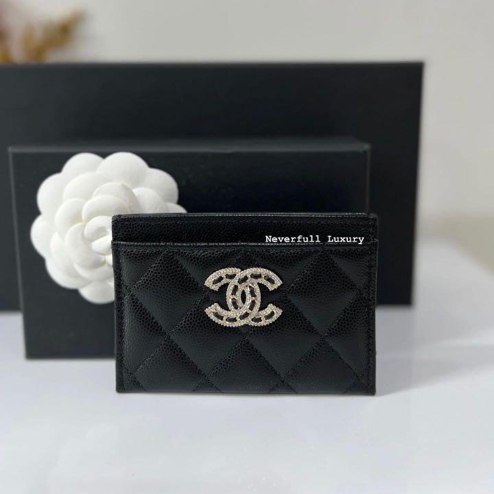 CHANEL Shiny Caviar Quilted Strass CC Flap Card Holder Black 1239677