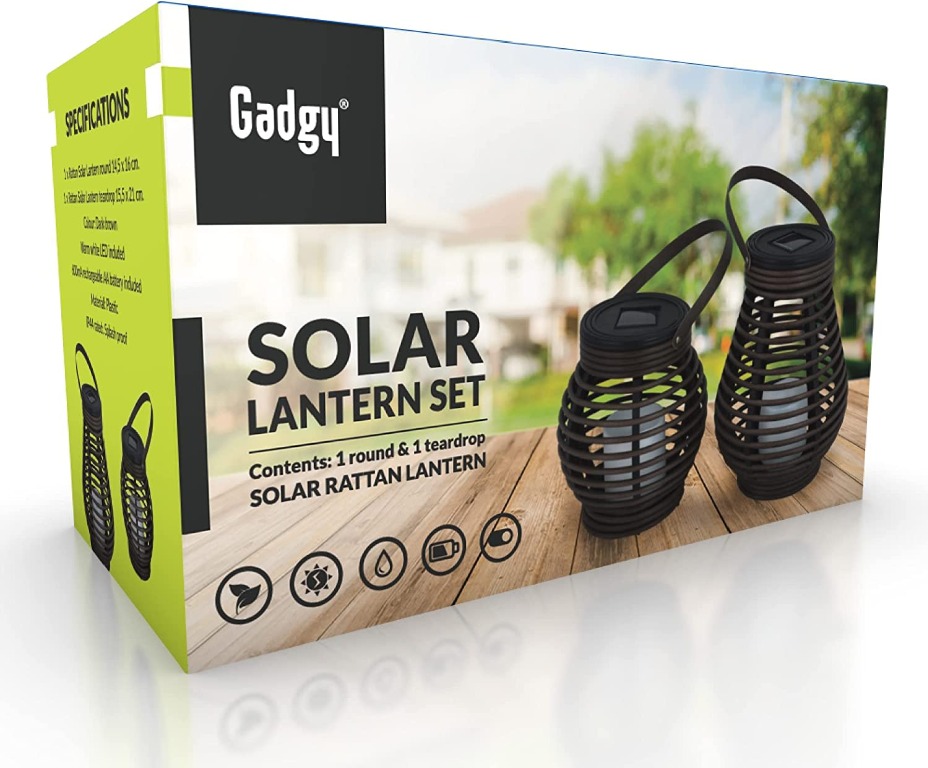 Gadgy Solar Rattan Lights | 2 Piece Solar Lanterns | Brown Marbled ...