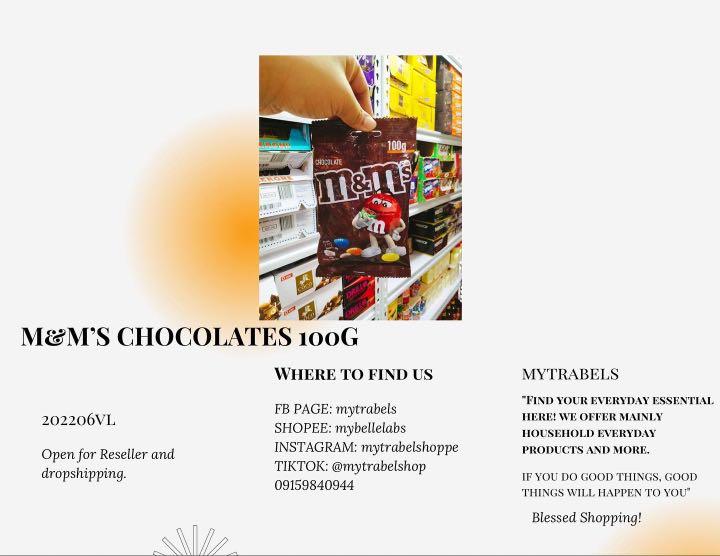M&M’s Chocolates (Category: Other Food & Drinks) located in Cainta. Submitted by iubelle (Listing ID 1173702795, Image 1). Description: Imported Chocolates M&M’s 100grams: 120php ✔️peanut ✔️chocolate FB Page: https://www.facebook.com/mytrabels/ SHOPEE: https://shp.ee/w6wi3ym Insta: mytrabelshoppe Tiktok: @mytrabelshop #202206VL #M&MsChocolates #Chocolates .