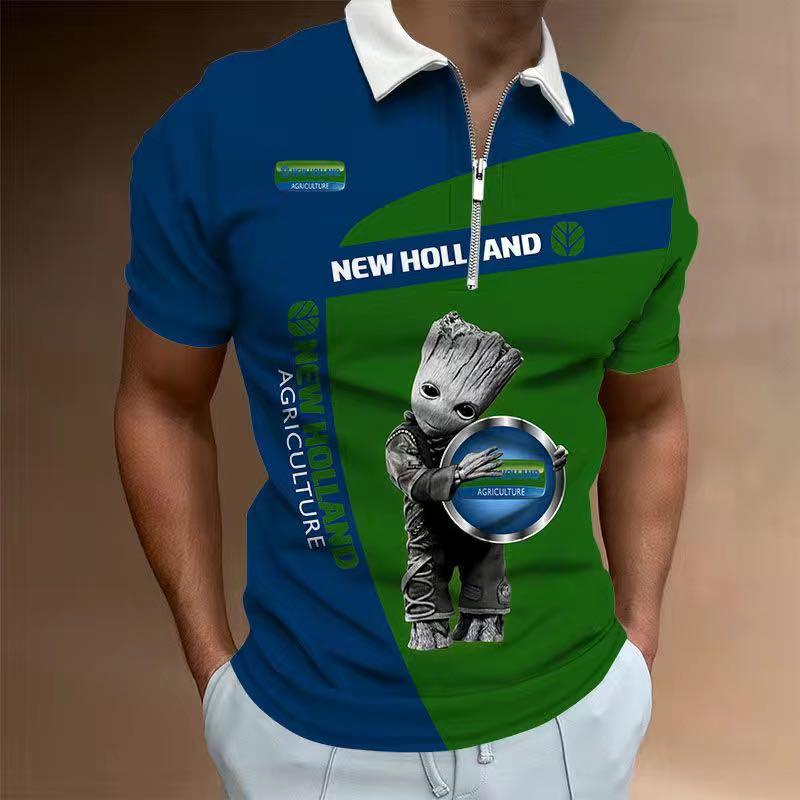 新款夏季男裝NEW HOLLAND車標T恤3D印花休閒潮男女短袖拉鍊Polo衫, 男裝