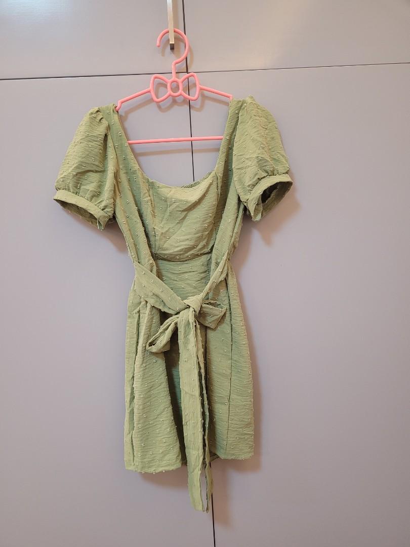 Square Neck Sage Green Ribbon Dress, Women's Fashion, Dresses & Sets