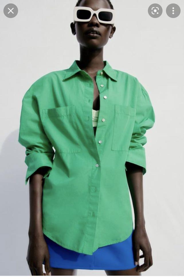 Zara cotton shirt in green, Women's Fashion, Tops, Shirts on Carousell