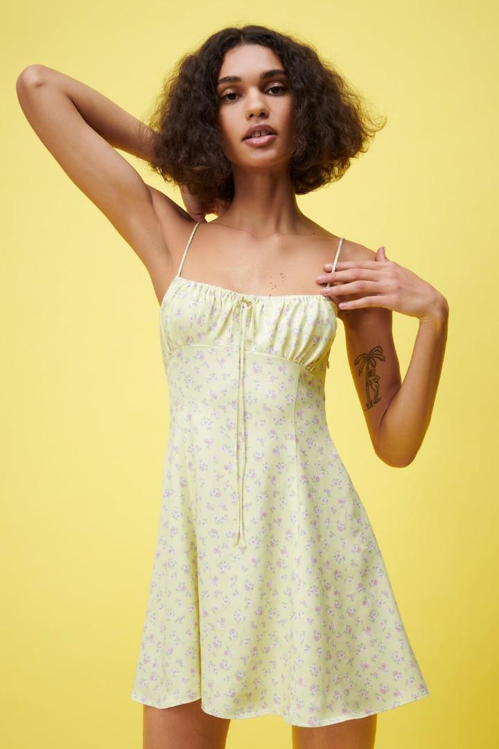 ZARA SATIN LIGHT YELLOW FLORAL BUSTIER DRESS