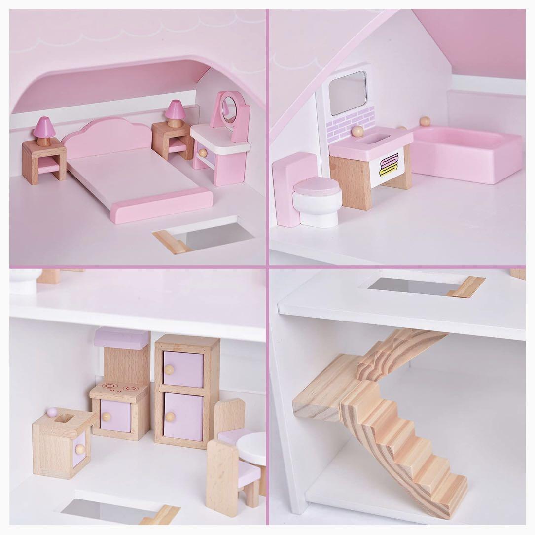 Bnib Simple Nordic Pink Wood Material Wooden Dollhouse Barbie Dreamhouse  Villa Baby Girl Birthday Gift Toy