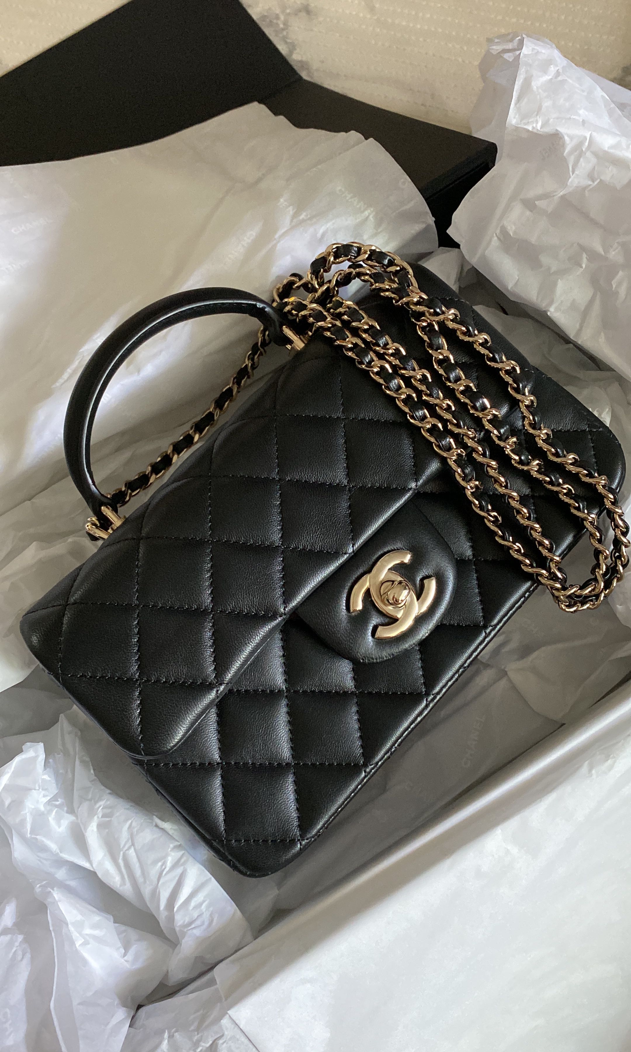 Brands Lover - On www.brandsloversg.com now!💕 Chanel Mini Rectangle Flap  with Top Handle in 21A Light Grey Lambskin AGHW Omg! The unicorn of all  unicorns! Super beautiful and highly sought after! Super