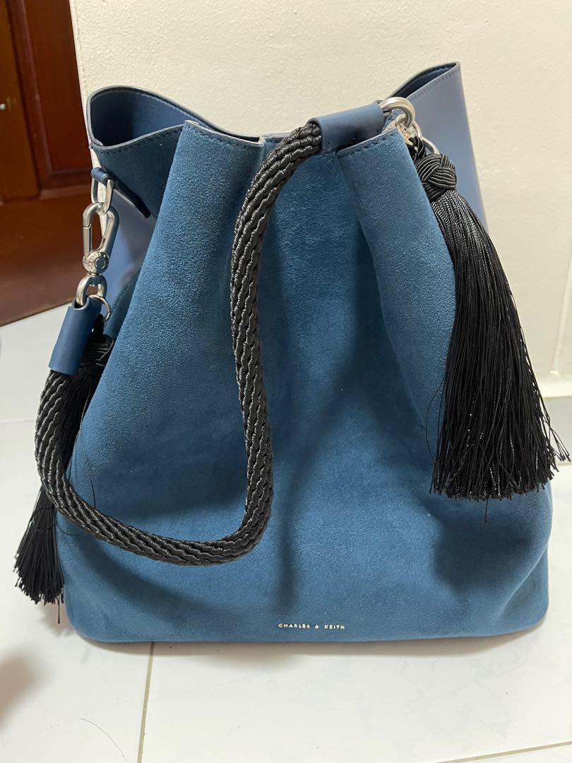 charles and keith tassel detailed oversized bucket bag in blue