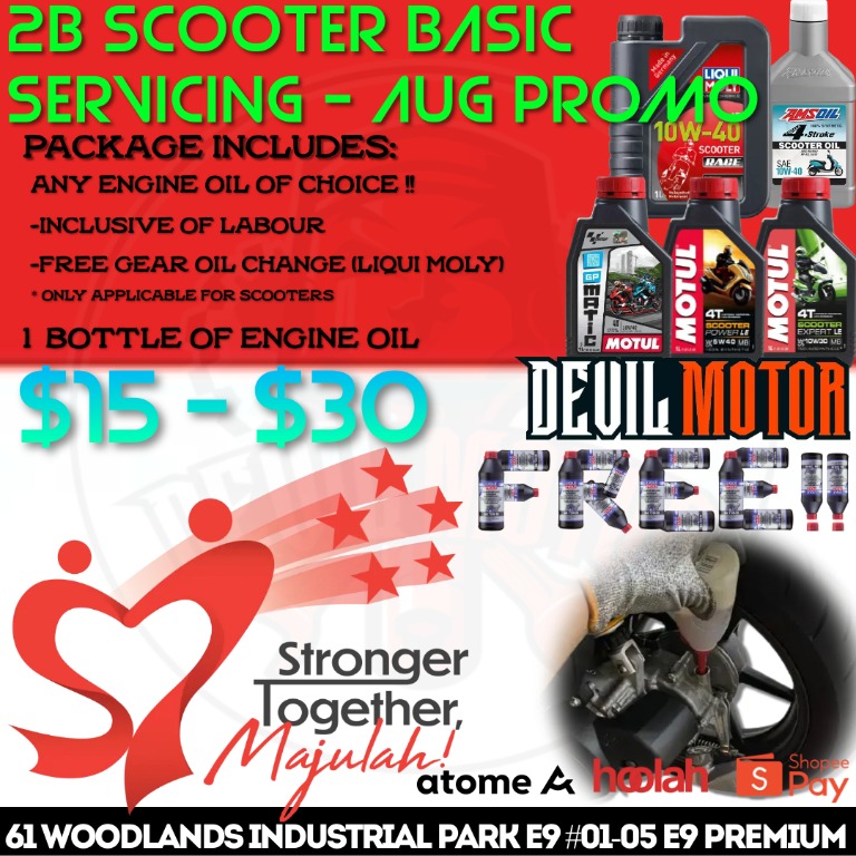FREE GEAR OIL CHANGE CLASS 2B 2A 2 SCOOTER BASIC SERVICING NDP PROMO, Motorcycles, Motorcycle