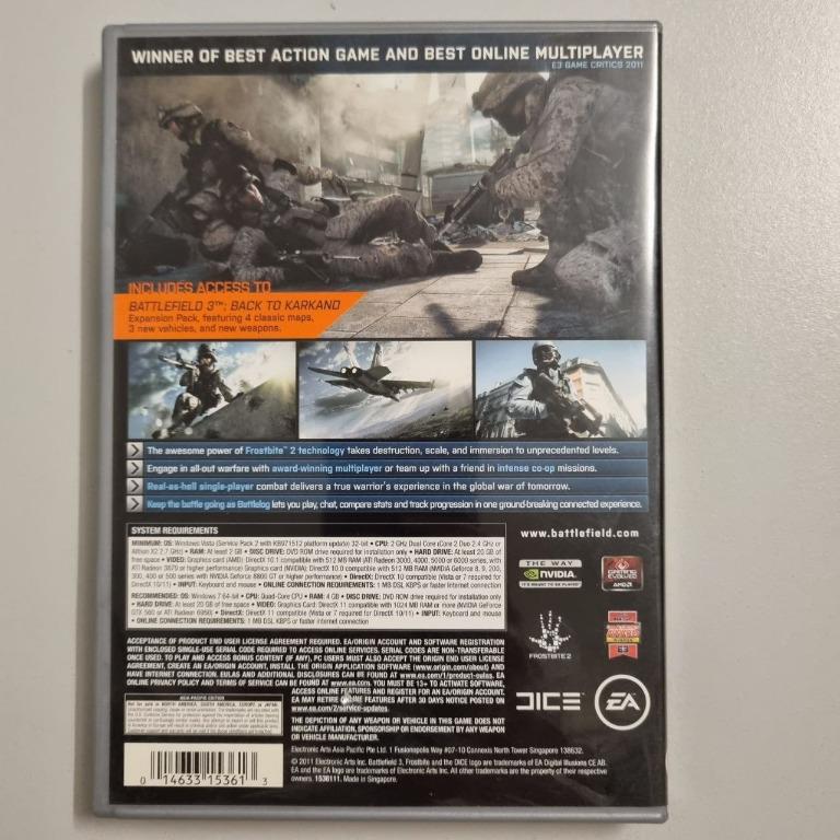 free shipping - Battlefield 3 Limited Edition by Electronics Arts EA |  Windows PC DVD-rom DICE (disc 1 and 2) in pristine condition, with CD key,  see pictures to believe | First-person
