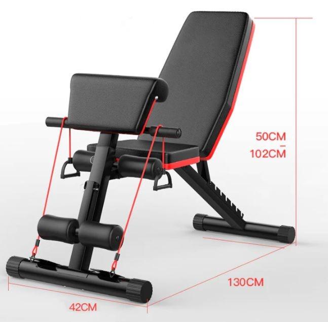 Instock - Multi-Function Bench (Category: Other Sports Equipment and Supplies) located in Singapore. Submitted by harefitness (Listing ID 1173846584, Image 2). Description: - Product weight: 12KG - Bench Material: PU leather with breathable design, installed on laser-cut fully welded steel. - Comes with 2 individual resistance bands and handles attached at the base. - Dimension: 130CM x 42CM x 102CM - Can load up to 150KG on the bench - Partially
