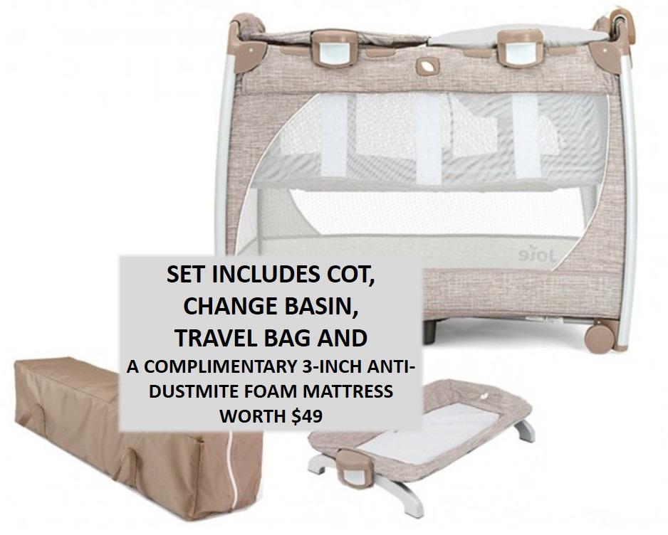 Joie Travel Cot Tan (Cot + Change Basin + Mattress), Babies & Kids, Baby Nursery & Kids